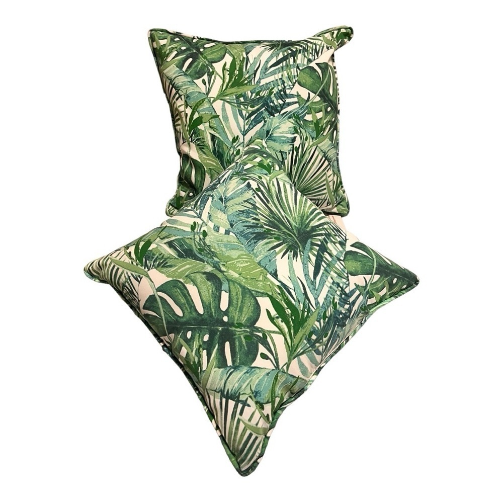 Indoor/outdoor patio pillows pair green teal tropical leaves on white poly fill